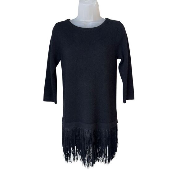 Neiman Marcus Black Cashmere 3/4 Sleeve Fringe Tunic Sweater - Picture 5 of 11